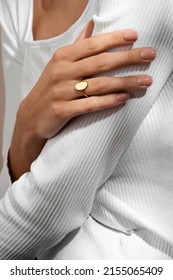 Woman Hand Posing Showing Her Ring. Women's Hand With Gold Ring. Still Life Photo, Minimalism