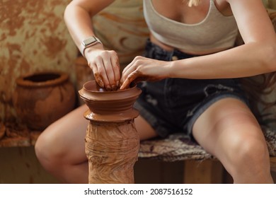 Woman hand potter making clay vase in pottery workshop studio. Process of creating ceramic vase. Handmade, hobby art and handicraft concept. - Powered by Shutterstock