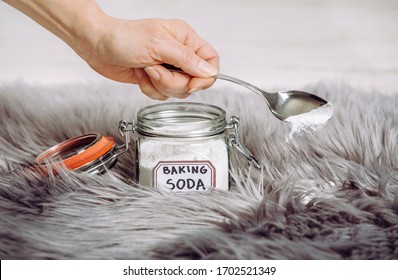 Woman Hand Pouring Baking Soda Sodium Bicarbonate In Long Hair Fur Carpet For Cleaning And Stain Removal. Natural Home Cleaners Concept.