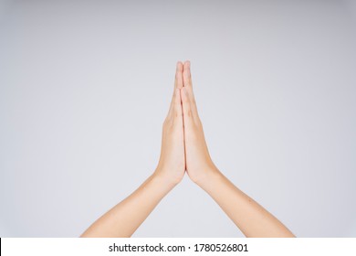 Woman Hand Praying Symbol Hold Hand Together. Pray And Gratitude. Hello, Thank You, And Good Bye In Thai Meaning.