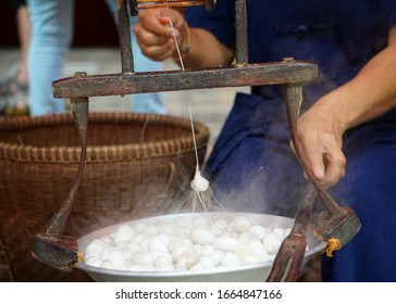 Woman Hand And Raw Silk Thread Of Silkworm Cocoons. Traditional Silk Production In Thailand.