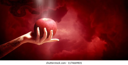 Woman Hand With Red Apple Isolated On Red Sky Background, Christianity Sin.