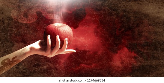 Woman Hand With Red Apple Isolated On Red Sky Background, Christianity Sin.