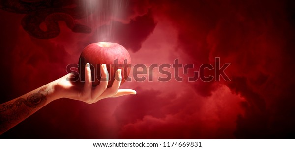 Woman hand with red apple isolated on red sky\
background, Christianity\
sin.