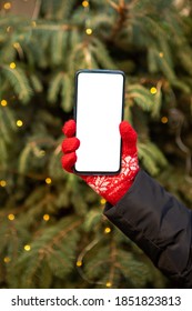 Woman Hand In Red Gloves Holding Phone With White Screen Christmas Tree On Background