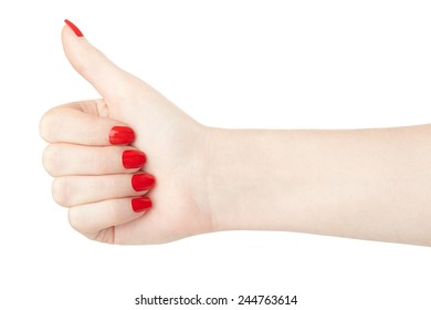 Woman Hand With Red Nail Polish Thumb Up Isolated On White, Clipping Path Included