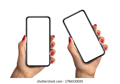 Woman Hand With Red Nails Holding The Black Smartphone With Blank Screen And Modern Frameless Design Two Positions Angled And Vertical - Isolated On White Background