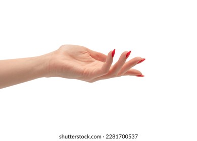Woman hand with red nails holding something, isolated on a white background. 