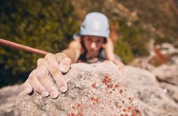 Woman, Hand And Rock Climbing With Rope On Mountain, Hill Or Remote Hiking For Workout, Training And Exercise. Fitness Person In Energy, Risk And Danger Sports For Wellness Health In Nature