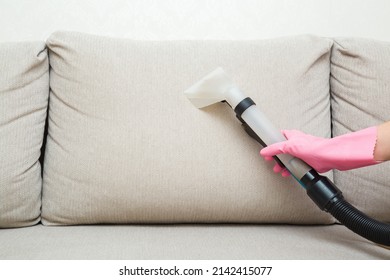 Woman hand in rubber protective glove using spray nozzle of professional vacuum cleaner and washing light beige back pillow of sofa at home. Extraction method. Commercial cleaning service. Closeup.