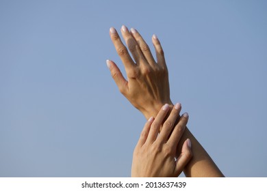 Woman Hand. Sensual Woman Hand. Background. Sky. Sensual. 