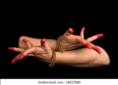 Woman hand showing Avahittha hasta (meaning "dissimulation") of indian classic dance Bharata Natyam