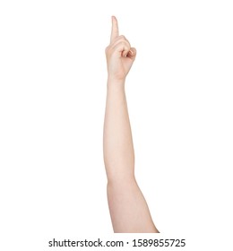 Woman Hand Showing Finger Pointing Gesture With Forefinger. Human Hand Gesturing Sign Isolated On White Background Studio Shot. Female Raised Arm Presenting Popular Gesture.