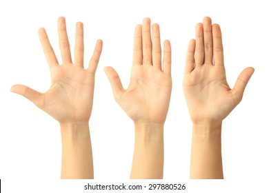 Woman hand showing the five fingers isolated on white background