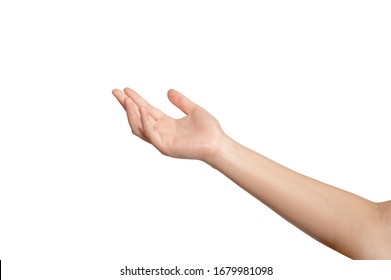 Woman hand showing isolated on white background.