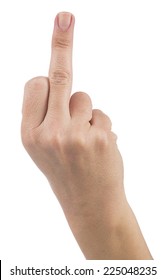 Woman Hand Showing Middle Finger Isolated On White Background.