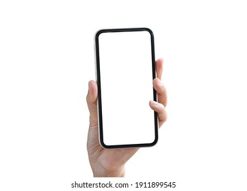 Woman Hand Showing Mobile Smartphone With Blank White Full Screen Isolated On White Background. Female Hands With Phone, Space For Text