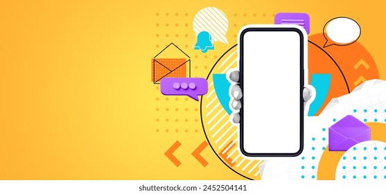 Woman hand showing mock up empty smartphone display. Blank speech bubble and colorful internet communication icons. Concept of e-mail, website, mobile app and online network - Powered by Shutterstock