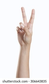 Woman Hand Showing Peace Sign Against White Background, Isolated