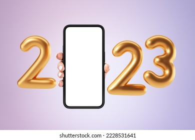 Woman hand showing a phone with big empty mock up screen, golden 2023 numbers on lilac background. Concept of holiday and mobile app. - Shutterstock ID 2228531641