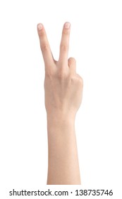 Woman Hand Showing Two Fingers On A White Isolated Background