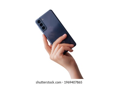 Woman Hand Shows A Modern Phone With Three Cameras On The Back. Isolated Background