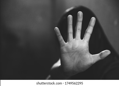 Woman hand sign for stop abusing violence,  human trafficking, stop violence against women, Human is not a product. Stop women abuse, Human rights violations.