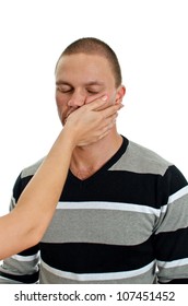 Woman Hand Slapping Man's Face. Isolated On White.