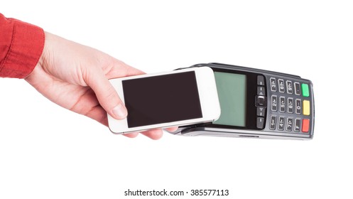 Woman Hand Swipe White Smartphone Over Card Machine (nfc) Making Express Payment Isolated On White