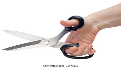 Woman Hand With Tailor Scissors Isolated On White