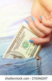 Woman Hand Taking Money From Jeans Back Pocket