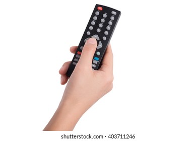 Woman Hand With Television Remote Control Isolated On White Background