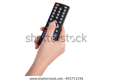woman hand with television remote control isolated on white background