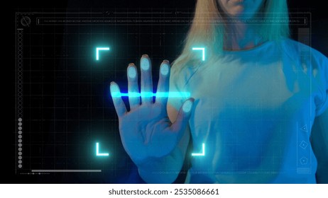 Woman hand touches glass screen panel, holographic scanner interface scanning fingerprints on female palm checking access and safety identification.