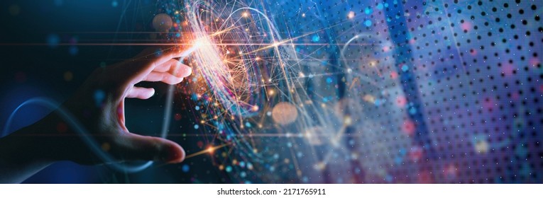 Woman hand touching The metaverse universe data science,Digital transformation conceptual for next generation technology era.data science - Shutterstock ID 2171765911