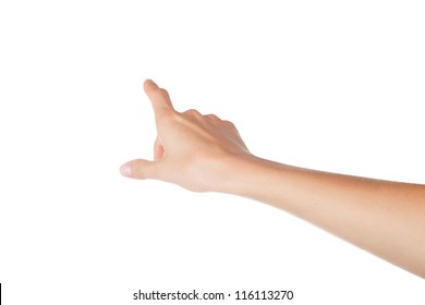 Woman hand touching virtual screen isolated on white background