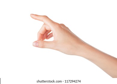Woman hand touching virtual screen isolated on white background