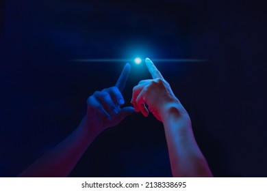 Woman hand touching a virtual screen futuristic technology digital. - Shutterstock ID 2138338695