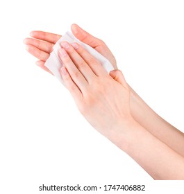 Woman Hand Use Antibacterial Wet Wipes Or Tissue Isolated On A White Background With Clipping Path. Concept Of Hygiene And Protection From Covid-19