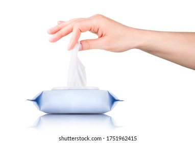 Woman hand use antibacterial wet wipes or tissue isolated on a white background with clipping path. Concept of hygiene and protection from Covid-19