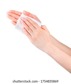 Woman Hand Use Antibacterial Wet Wipes Or Tissue Isolated On A White Background With Clipping Path. Concept Of Hygiene And Protection From Covid-19