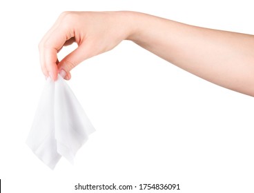 Woman Hand Use Antibacterial Wet Wipes Or Tissue Isolated On A White Background With Clipping Path. Concept Of Hygiene And Protection From Covid-19