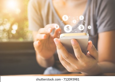 Woman Hand Using Mobile Phone With Online Transaction Application, Concept Ecommerce And Internet Investment