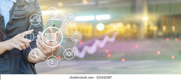 Woman hand using smartphone and icon web, Shopping via smartphone. - Shutterstock ID 525242587