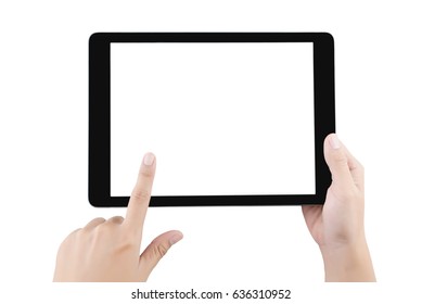 Woman Hand Using Tablet Isolated On White Background. White Screen.