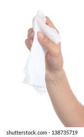 Woman Hand Using A Washcloth Isolated On A White Background