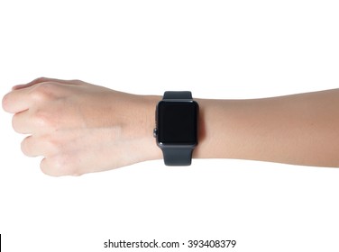 Woman Hand Wearing Smartwatch Isolated On White Background