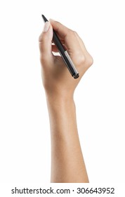 Frau, die Hand schreibt mit einem Stift, weißer Hintergrund, einzeln