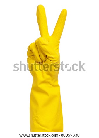 Woman hand in yellow glove making sign - isolated on white background