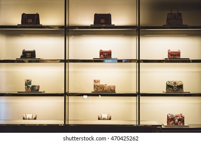 Woman handbag in a showcase of a luxury store